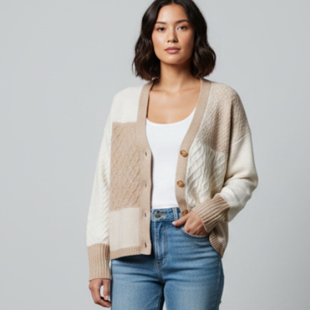 Rachel Zoe 2-ply Cashmere Textured Patchwork Knit Preppy Cropped Cardigan XL